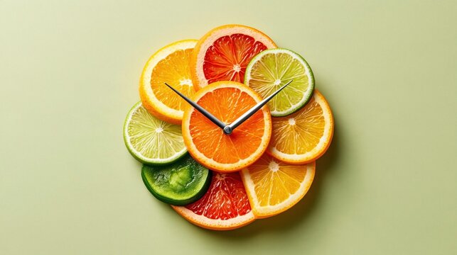 Fresh citrus arrangement forming an unusual clock face