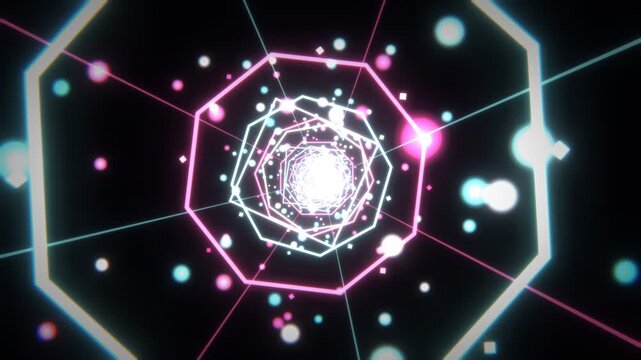 High speed neon digital tunnel loop with glowing octagons and