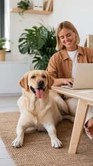 Blonde woman working on laptop at wooden desk with yellow labrador lying on woven rug beside her, natural light and indoor plants background