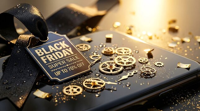 Elegant Black Friday Background with Gold Gears and Confetti