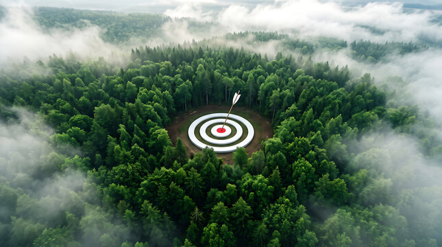 Aerial view of a giant target in the middle of a misty forest with an arrow in the center