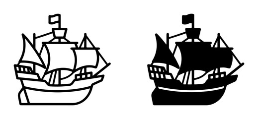 Vintage Galleon Ship Vector Icons, Nautical Exploration and Maritime Travel Symbols, Black and White Sailing Vessel Illustrations © Soniya
