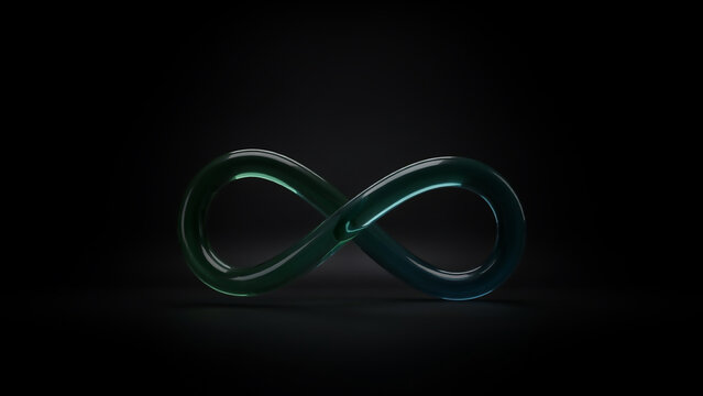 Reflective infinity loop in green and teal tones on black
