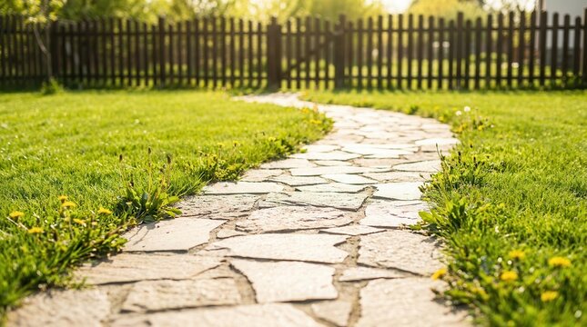 A curved stone path winds through a green grass lawn near a wooden fence.