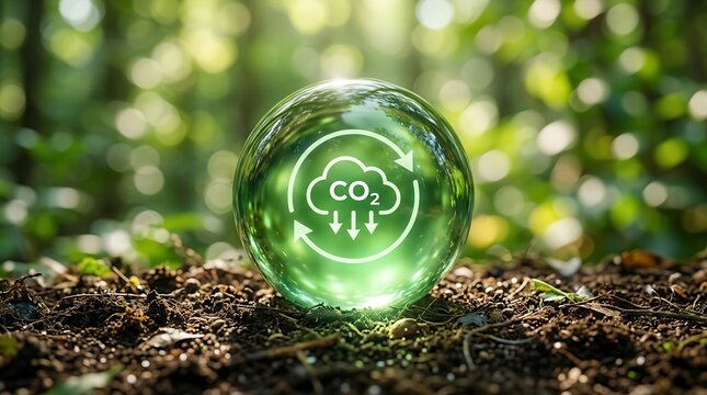 A glass sphere symbolizing CO2 emissions reduction and carbon footprint decrease against a lush green background.
