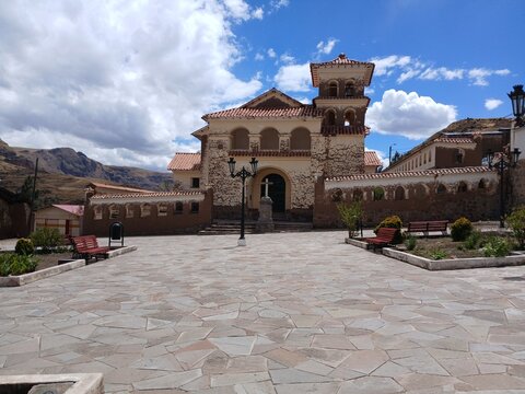 View of the square and church in Surimana, Cusco, Peru.