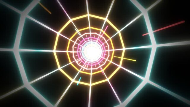 Dynamic neon led lights tunnel loop with colorful geometric rotating