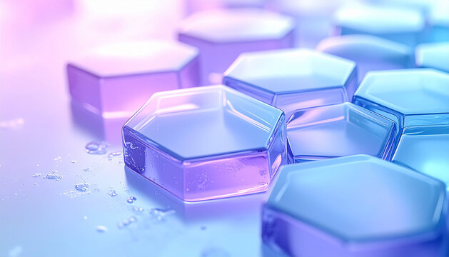 Overlapping glass hexagons cluster floating in frost blue lilac tones with glossy edges and blurred depth generative AI