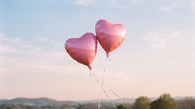 Two pink heart-shaped balloons floating freely in open sky during sunset with soft natural lighting