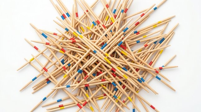 Traditional wooden mikado sticks for kids dexterity game on white background.