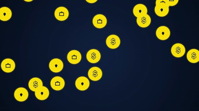 Abstract animation of yellow coins with dollar and section symbols moving on a dark blue background