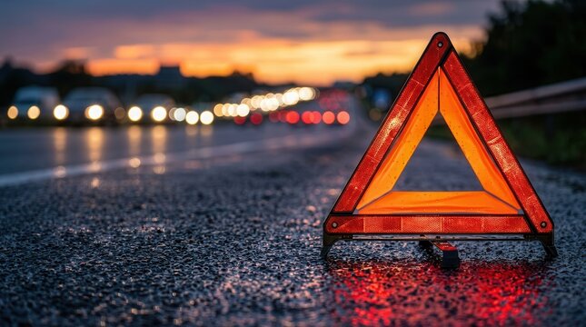 A reflective warning triangle active on a wet roadside during sunset after a vehicle breakdown.