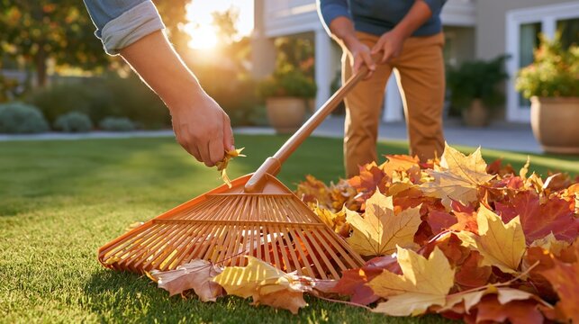 Close up of hands raking fallen autumn leaves on green lawn with golden hour sunlight and shallow depth of field