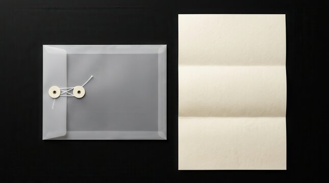Blank translucent envelope and folded paper on a black background.