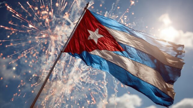 Cuban flag waving in the air with fireworks in the background during a celebration at dusk