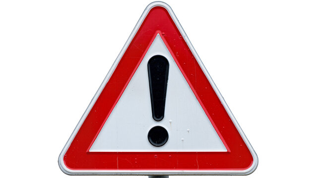 Red triangular warning sign with black exclamation mark, isolated on transparent background