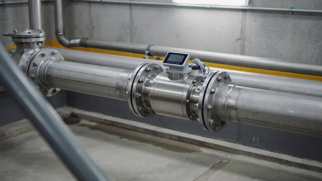 Stainless steel flow meter on industrial pipe with yellow markings keywords: stainless steel