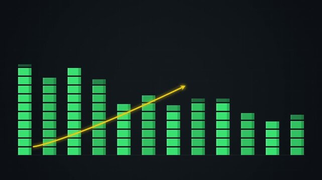 Green digital equalizer bar graph with yellow trend line animated motion graphics abstract background