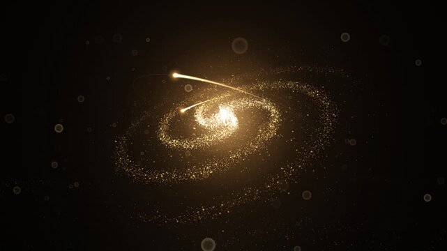 Elegant golden galaxy spiral with glowing particles motion background