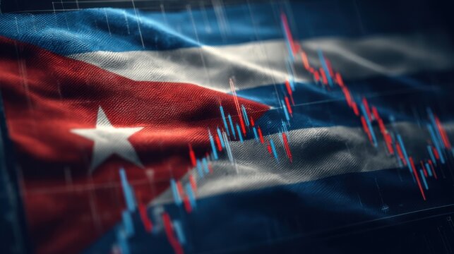 Cuban flag with stock market data overlay showing economic trends and changes