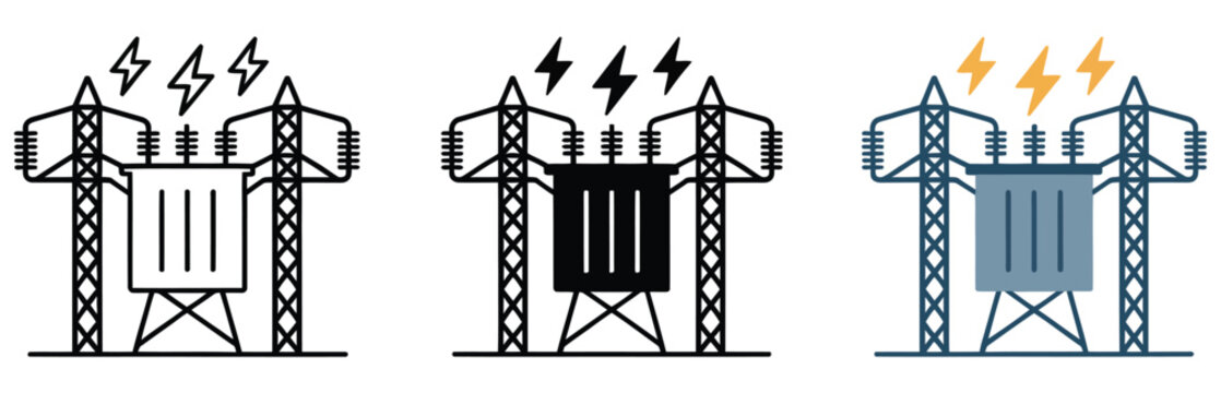 Electric transformer icon set, power substation equipment, high voltage transmission lines, electrical grid infrastructure, and energy vector design