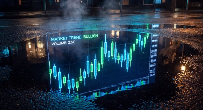 Bullish market trend chart reflected in a wet asphalt puddle during nighttime with steam rising