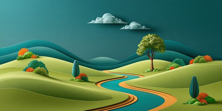 Abstract scenic view with flowing water and lush greenery