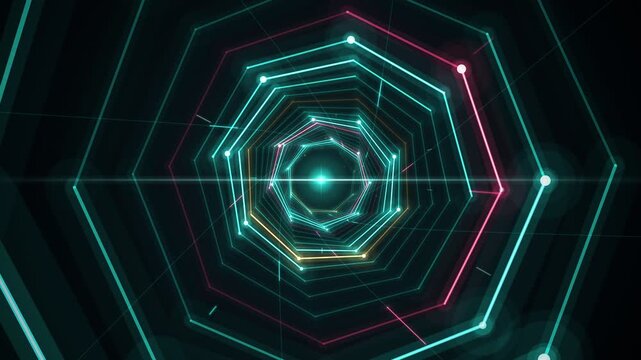 Abstract futuristic neon light tunnel glowing in dark digital