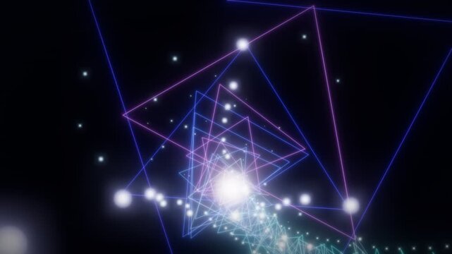 Futuristic neon triangle tunnel loop with glowing particles in dark