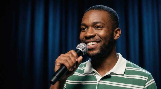 Smiling African American young adult male student holding a microphone on a theater stage.