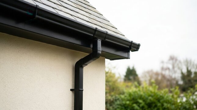 Modern black gutter and downpipe installed on a residential house exterior.