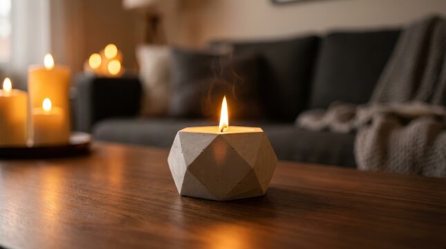 Lit geometric concrete candle radiates warm soft glow on polished dark wooden surface with wisps of rising fragrant smoke wisps