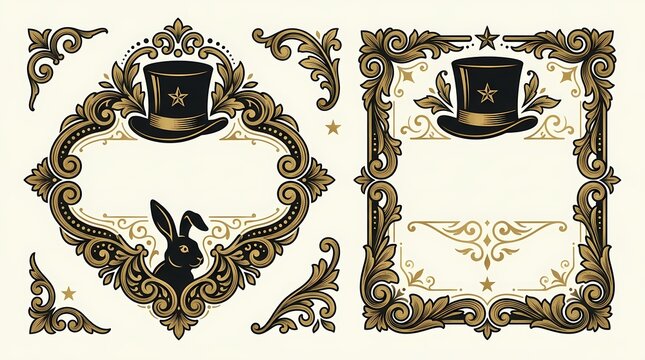 Vintage ornamental frames featuring a top hat and rabbit motif for magical carnival themes or circus event invitations that require classic victorian style decorative borders with golden