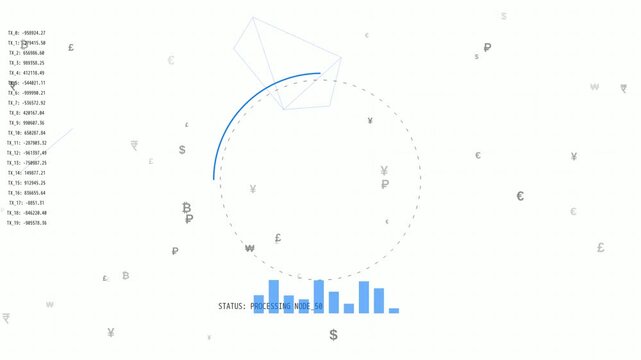 Abstract futuristic financial data visualization with charts and currency symbols