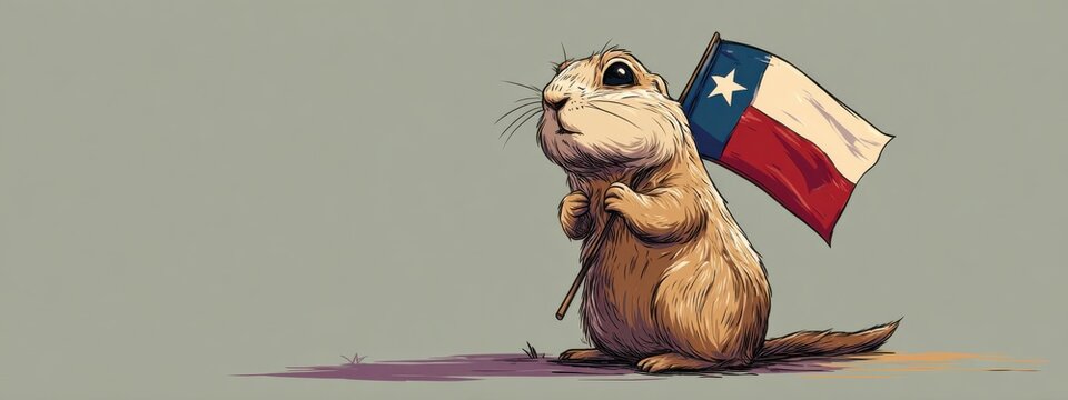 Cute creature holds Texas flag in celebration during daytime in a simple background scene