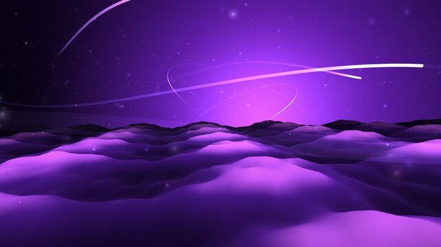 Purple futuristic landscape with glowing wavy hills and starry sky