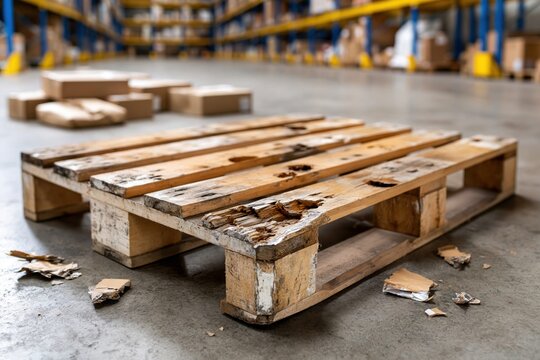 Worn pallet in industrial setting shows signs of wear