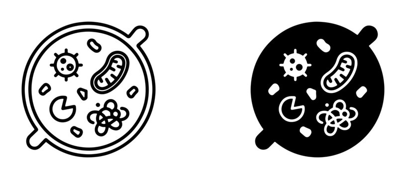Microbiology petri dish icons, bacteria and cell cultures, scientific research and analysis vector graphics