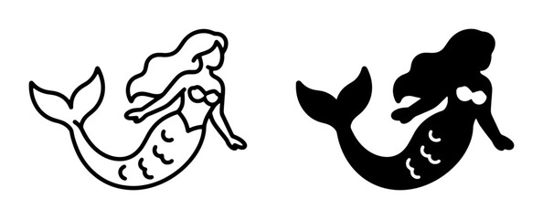 Obraz premium Mermaid Silhouette and Outline Vector Icons, Mythical Sea Creature Graphics, Fantasy Ocean Legend Art, Simple Black and White Design Elements
