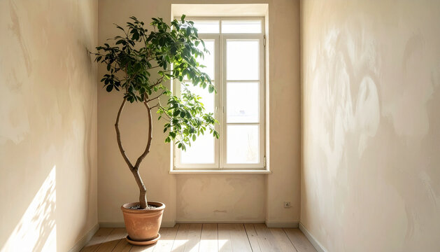 Heavy houseplant grown lopsided in bright window corner with long branch reaching across frame toward light in soft daylight generative AI
