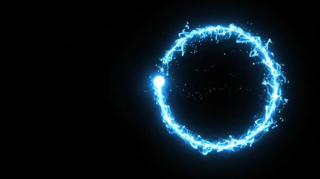 Dynamic blue particle ring with an energetic sparkle effect, illustrating data flow and technological advancement in an abstract dark space, symbolizing innovation and connectivity