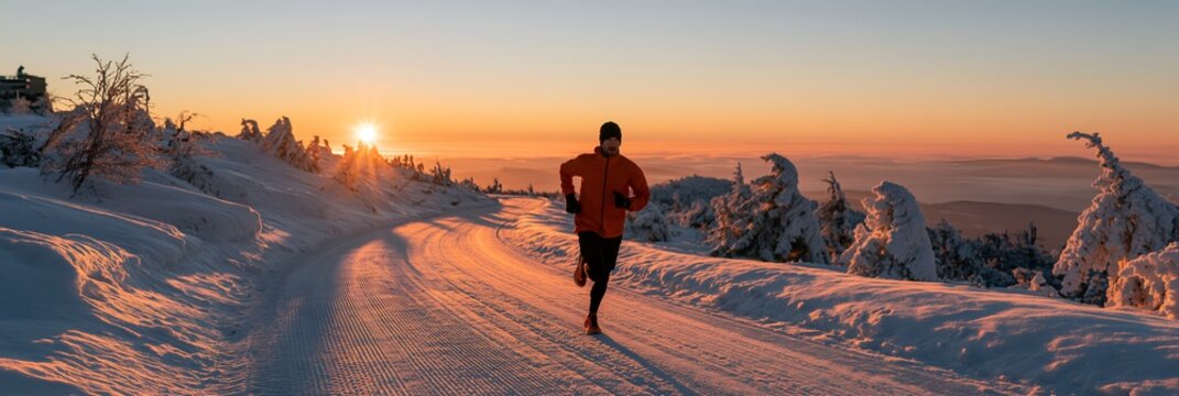 Runner moves forward on snow-packed path during early morning