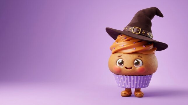Cute little cupcake character wearing pointed witch hat featuring orange frosting and cute smiling face with big eyes