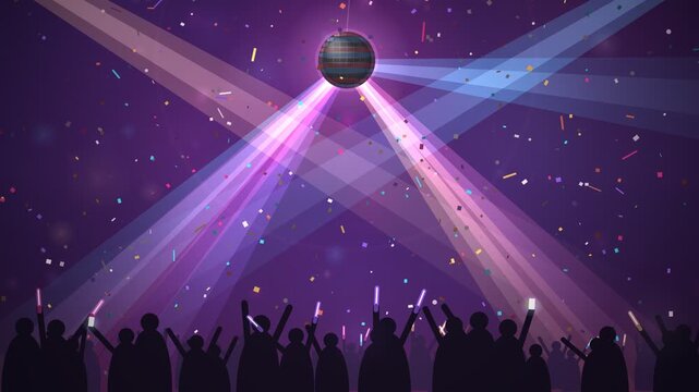 Animated party crowd silhouette dancing under disco ball and confetti