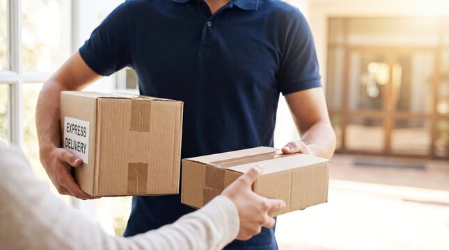 Close up of hands cargo staff are delivering cardboard boxes with parcels inside to the recipient's hand.