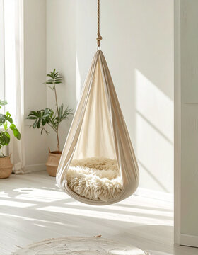 Soft hanging cocoon swing in bright calm therapy room with ecru fabric shell suspended against pale wall and sheepskin inside generative AI