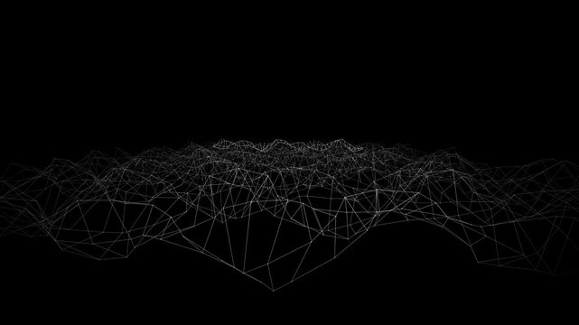 Abstract morphing wireframe grid on a pitch-black background. The standard square mesh smoothly transitions and folds into hexagons, triangles, and complex polygons, creating a dynamically evolving ge