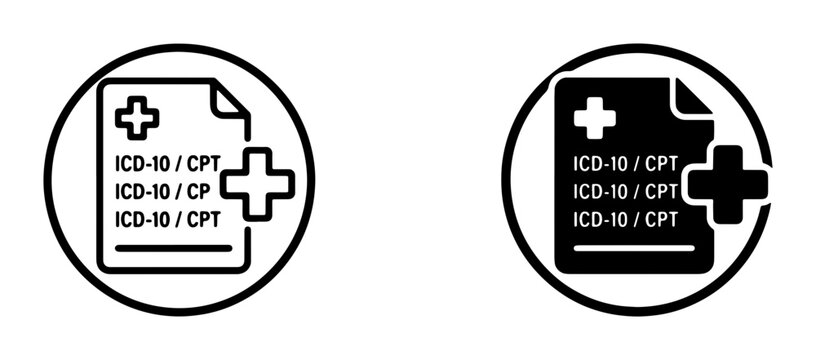 Medical Coding Icons: ICD-10, CPT Codes, Healthcare Documentation, Clinical Records, Digital Health, Health Insurance, Medical Billing, Healthcare Administration, Two Vector Icons