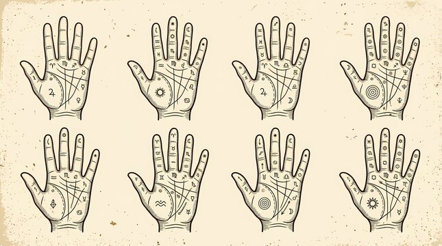 Ancient palmistry chart showing various hand lines and astrological symbols for fortune telling and destiny analysis printed on vintage paper texture for divination practices and mystical