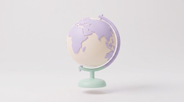 Cute pastel purple and mint 3D clay desk globe on stand floating isolated on light grey background